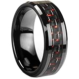 Black Ceramic Ring With Black and Red Carbon Fiber by CERAMIC GESTALT® - 8mm. Comfort Fit.