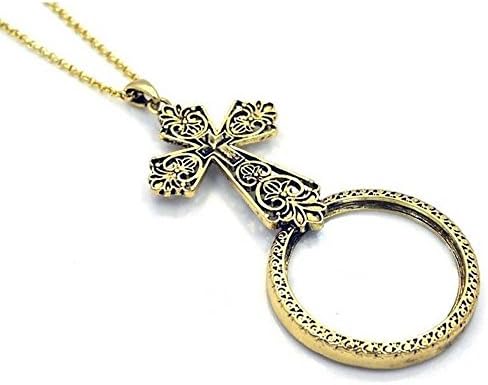 Cross Magnifying Glass Necklace C49 Ornate Filigree Gold Tone Long