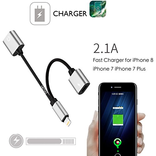 DISDIM 2 in 1 Aluminum Dual Lightning Charging Adapter & Female Headphone Jack Aux Audio Splitter Cable for iPhone X / 8 / 8 Plus /7 /7 Plus,iOS 11 with Calling Function and Music Control (Silver)