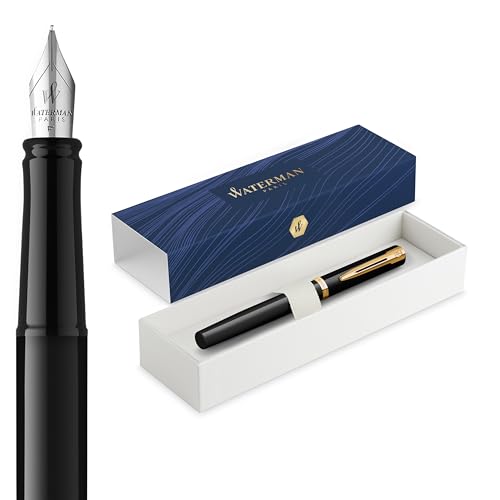 Waterman Impression Fountain Pen | Fine Nib with Blue Ink Refill | Black Lacquer with Gold-Coated Trim | Gift Box