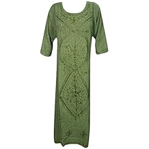 Mogul Interior Womens Maxi Dress Enzyme Wash Embroidered Summer Caftan Tunic Shift Dresses Sundress XXL (Green)
