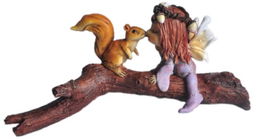 Top Collection Enchanted Story Fairy Garden Little Fairy Kissing Squirrel on Branch Outdoor Statue