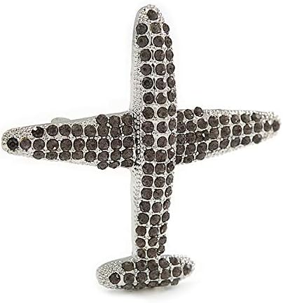 Dim Grey Crystal Aeroplane Brooch In Silver Tone Metal - 50mm Across, dark grey, silver - Image 3