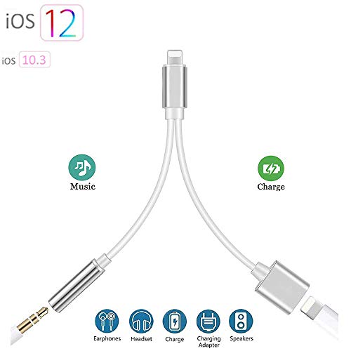 Headphones Adapter for iphone splitter audio and charge 3.5mm Jack Adapter Dongle Earphone Connector for iPhone Xs/Xs Max/XR/X（10）8/8 Plus/7/ 2 in 1 Cables Charge & Aux Audio Support iOS Latest system