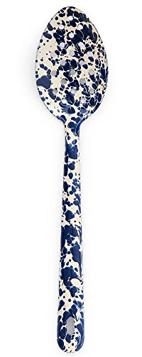 Enamelware 12 Inch Large Perforated Spoon - Navy Blue On Cream Marble