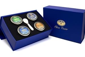 OLMA Classic Caviar Black Caviar Gift Box - Includes 2 oz of Siberian Osetra Aurora, White Sturgeon, Paddlefish, Hackleback Sturgeon Fish Roe & Mother of Pearl Serving Spoon - Overnight Delivery