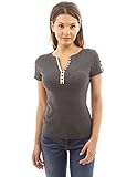 PattyBoutik Women's Notch Neck Buttons Trim Top (Dark Heather Gray S)