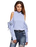 SheIn Women's Striped Ruffle Stand Collar Cold Shoulder Blouse Large Blue