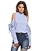 SheIn Women's Striped Ruffle Stand Collar Cold Shoulder Blouse Large Blue