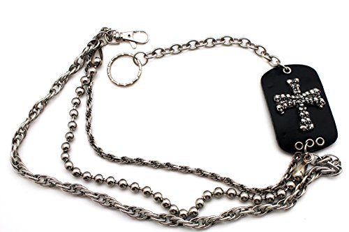 TFJ Men Biker Fashion Wallet Chain Metal Keychain Mini Skulls Cross 3 Strands Silver