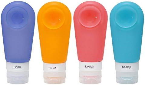 Portable Silicone Travel Bottles (4 Pack 3 Oz), Strong Suction Cup Leak Proof, FDA Certificated, with Facial Brush and Toothbrush Case Covers Pack P2