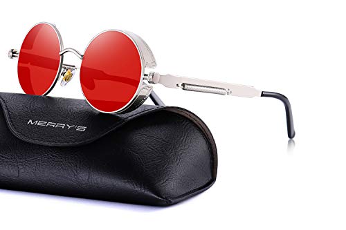 MERRY'S Gothic Steampunk Sunglasses for Women Men Round Lens Metal Frame S567 (Silver&Red, 46)