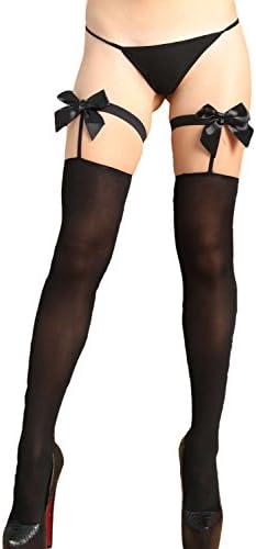 Lucklovell Women Black Satin Bow Accent Sheer Thigh High Stockings