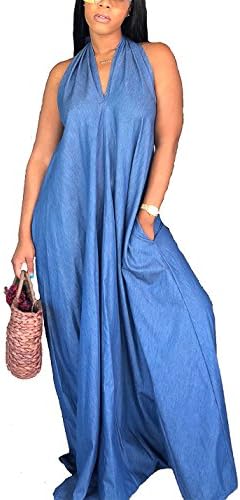 Flovey Denim Maxi Dresses for Women, Summer Casual Condole Belt Deep V Neck Loose Dress (Blue-Halter, XL)