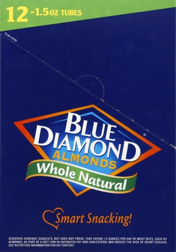 BLUE DIAMOND ALMONDS, WHOLE NATURAL FLAVORED SNACK NUTS, SINGLE SERVE BAGS (1.5 OZ. TUBES, PACK OF 12)