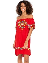 Regreso de Bali Vestido corto con hombros descubiertos, bordado mexicano, floral, bohemio, campesino, túnica