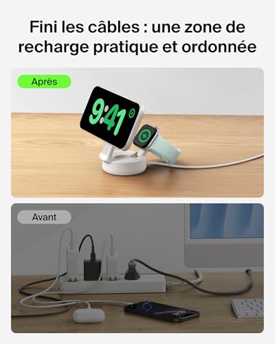 UltraCharge Chargeur MagSafe 2-en-1, Socle De Recharge Qi2.2 25 W Aimanté Et Pliable pour iPhone 17, Apple Watch Series 10, Pixelsnap, etc. (Adaptateur 45 W Inclus, Beige