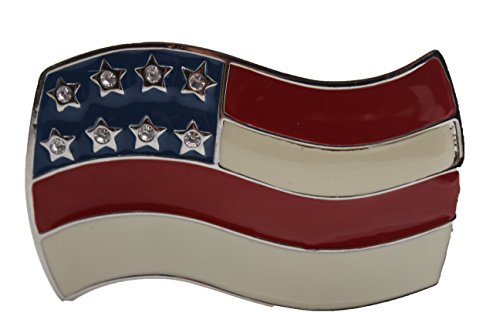 TFJ Men's Women's Fashion Belt Buckle Silver Metal USA American Flag Red Blue White