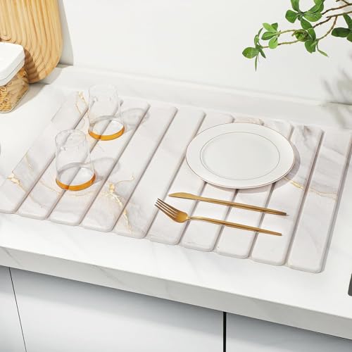 2 PCS Large Stone Dish Drying Mat for Kitchen Counter,Quick Dry Stone Dishes Mats,Marbled Water Absorbing Diatomaceous Earth Drying Pad for Countertop Bottles Utensils Cups( 40*60*cm+10*20cm)