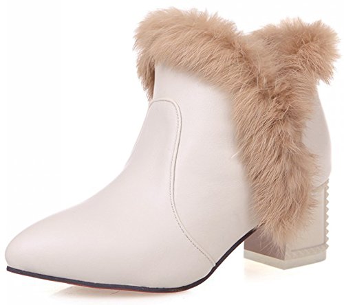 Summerwhisper Women's Sexy Fluffy Fur Pointed Toe Fleece Lined Booties Block Mid Heel Slip-on Ankle Boots Beige 5 B(M) US Summerwhisper Women's Sexy Fluffy Fur Pointed Toe Fleece Lined Booties Block Mid Heel Slip-on Ankle Boots Beige 5 B(M) US