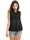 Meaneor Women's Button Down Blouse Sleeveless Semi Sheer Chiffon Shirt