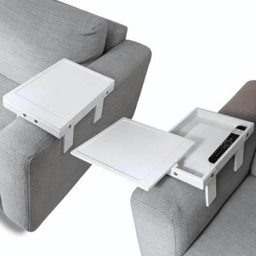 Chelo Sofa Armrest Tray - Rigid Side Table with Built-in Storage for Smartphone, Remote Control & Drink - Fits 16-29 cm Armrest - Non-Slip, White