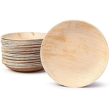Small Palm Leaf Appetizer Plates - Shallow Bowls - Environmentally disposable tableware| 25 pieces | 4 Inches round | Bamboo Style | Biodegradable & Compostable | Finger Food, Small Bites, Sauce Dish