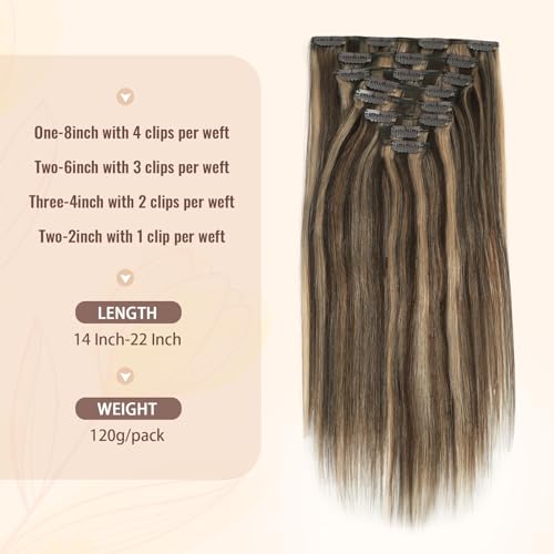Sassina Clip in Hair Extensions Real Human Hair Chocolate Brown Highlighted Caramel Blonde Double Weft Clip ins for Women 16 Inch Human Hair Full Head 8 Pcs 120 Grams #P4-27