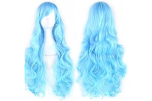 IMISSU 80cm Long Curly Natural Hair Cosplay Wig with Bangs Colorful Halloween Costume Party Wigs for Women (Sky Blue)