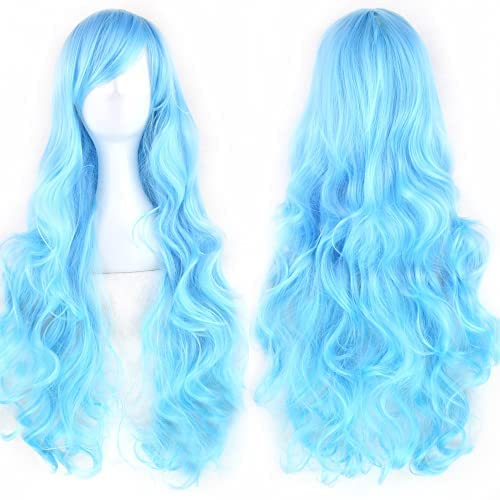 Photo 1 of IMISSU 80cm Long Curly Natural Hair Cosplay Wig with Bangs Colorful Halloween Costume Party Wigs for Women (Sky Blue)