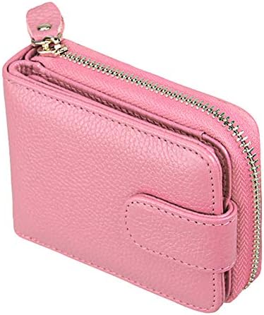 RFID Blocking Credit Card Holder-Welegant Mini Card Holder Organizer Case Genuine Leather Zip Compact Accordion Wallet with ID Window for Business Cards Credit Cards Driver License (Window, Pink)