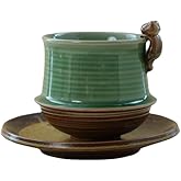 Handcrafted Ceramic Tea Cup and Saucer Set, Green and Brown, with Squirrel Handle