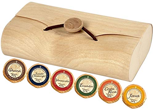 24 Edelschokoladen 6 Sorten Herkunftsschokolade Golddublonen DreiMeister Schokolade im Holzkistchen Kuvertform