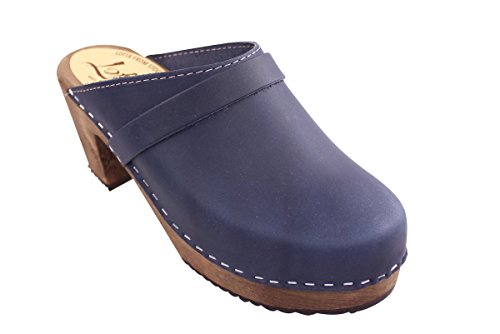 Lotta From Stockholm Swedish Clogs High Heel Classic Navy On Brown Base With Strap- 40