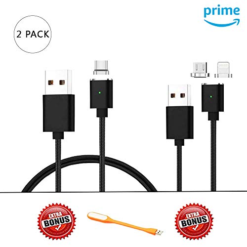 CoolKo Strongest 1.5Meter Magnetic Black Braided Charging Cable for all iPhone, AirPods, Type C Mobile Phones, Micro USB Android Smart Phones and Tablets [2 Cables 3 Heads]