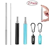 2 Pack Reusable Metal Straws Collapsible Stainless Steel Drinking Straw Portable Telescopic Straw with Case Black/Light Blue