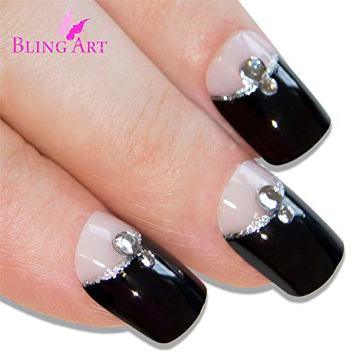 False Nails by Bling Art Black Glitter French Manicure Fake Medium Tips with Glue