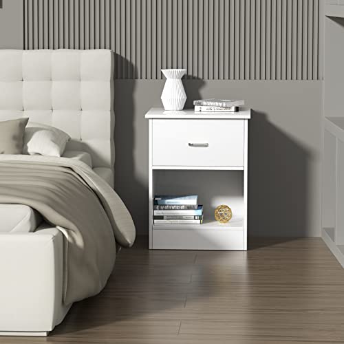 Bunovasty Wooden Bedside Table with 1 Sliding Drawer, End Table with Open Frame, Bedroom Sofa Side Table, white15 D X 16.5\