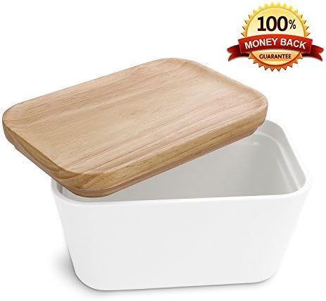 Mobaa Large Butter Dish, Airtight Butter Dishes with Wooden Lid, Covered Butter Dish Set Margarine Cream Cheese Keeper Kitchen Dinner Storage Holder(White , 5.9"x3.0"x3.0")