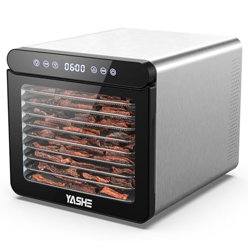 YASHE Food Dryer, 800W Dehydrator with LED Display, Temperature Up to 75°C and 48H Timer, 9 Stainless Steel Trays, 9 Mesh Sifters, 1 Fruit Tray