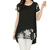 Anself New Fashion Women Chiffon Blouse Embroidery Crew Neck Short Sleeve Loose Fit Casual Tops White/Black