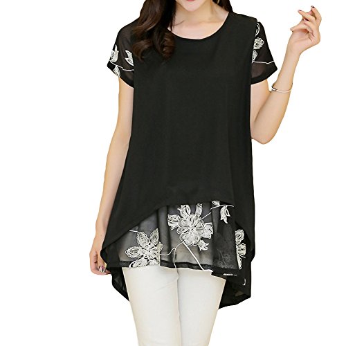 Anself Women Chiffon Embroidery Blouse Short Sleeve Loose Casual Tops Dress, XL,Black