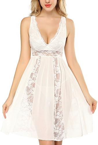 DLOREUK Long Lingerie Dress Women's Chemise Sheer Gown(White,M)