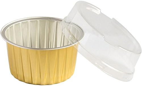 HoogaGoods B8K Aluminum Foil Cupcakes Liners Baking Cups Comes with Plastic Lids Carrying Bag and 10 Recipes EBook (Golden, 4.2 oz, Set of 100)