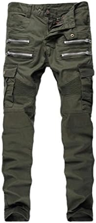 Men's Army Green Biker Moto Slim Fit Skinny Jeans Zipper Details Pencil Pants 31