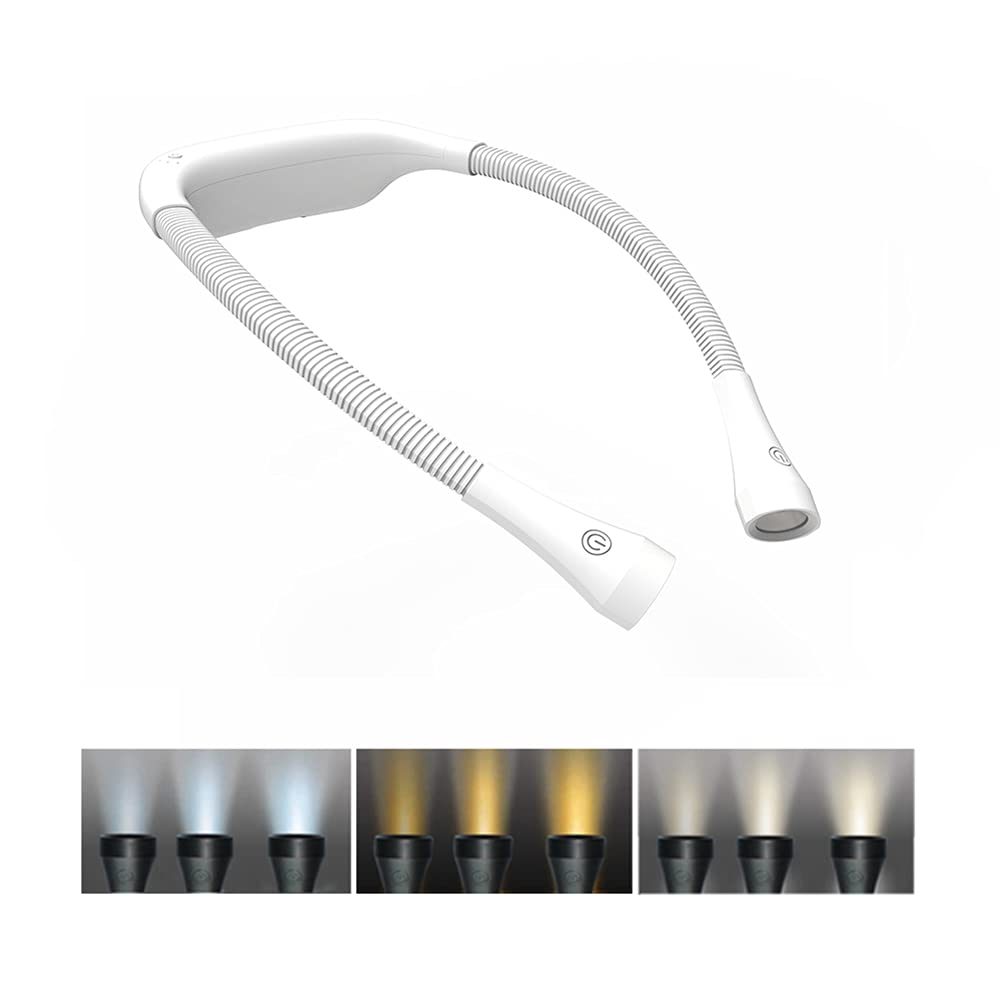 TINYOUTH White Neck Book Lights for Reading, 2000mAh USB Rechargeable Knitting Light with 3 Light Modes & Stepless Dimming for Fishing Repairing Sewing Craftwork Crocheting