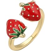 Double Strawberry Adjustable Open Ring for Women Cute 14k Gold Plated Red Fruit Colorful Enamel Lovely Sweet Food Fruit Engagement Wedding Statement Finger Band Ring Unique Fashion Jewelry