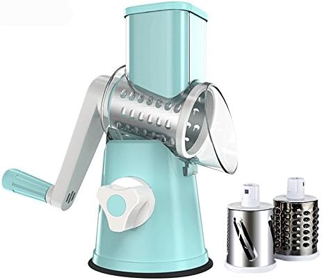 Vegetable Mandoline Chopper,Manual Food Slicer, 3 Stainless Steel Rotary Blades Fruit Cutter Cheese Shredder,Speedy Drum Grater with Strong Hold Suction Cup (Blue)