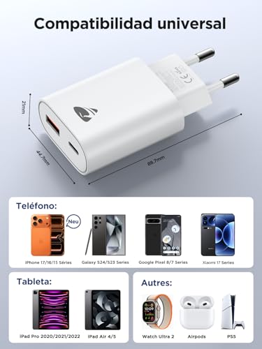 Cargador USB C, 2pack 20W Cargador iPhone Carga Rapida PD 3.0, Enchufe USB 2-Puertos (USB-C y USB-A), Múltiple Adaptador Cargador Tipo C para iPhone 17 16 15 14 Pro MAX, Samsung S26 S25 S24, iPad