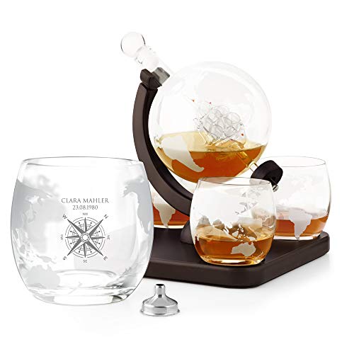 Maverton Whisky Karaffe mit Gravur - Globus mit Schiff, 850 ml - 4er Whiskygläser Set - Whisky Dekanter - Personalisiert…